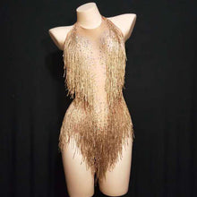 Load image into Gallery viewer, Flashing Gold Rhinestones Tassel Spandex Bodysuit Women&#39;s Birthday Party Evening Costume Stage Outfit Nightclub Dance Show Wear