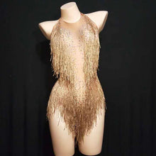 Load image into Gallery viewer, Flashing Gold Rhinestones Tassel Spandex Bodysuit Women&#39;s Birthday Party Evening Costume Stage Outfit Nightclub Dance Show Wear